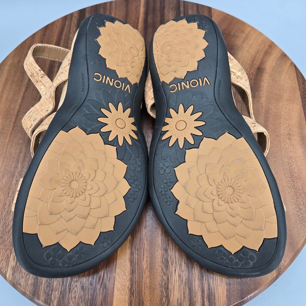 Vionic Amber Sandals Womens 8 Wide Gold Cork Orthotic Adjustable T Strap Comfort - Picture 6 of 7